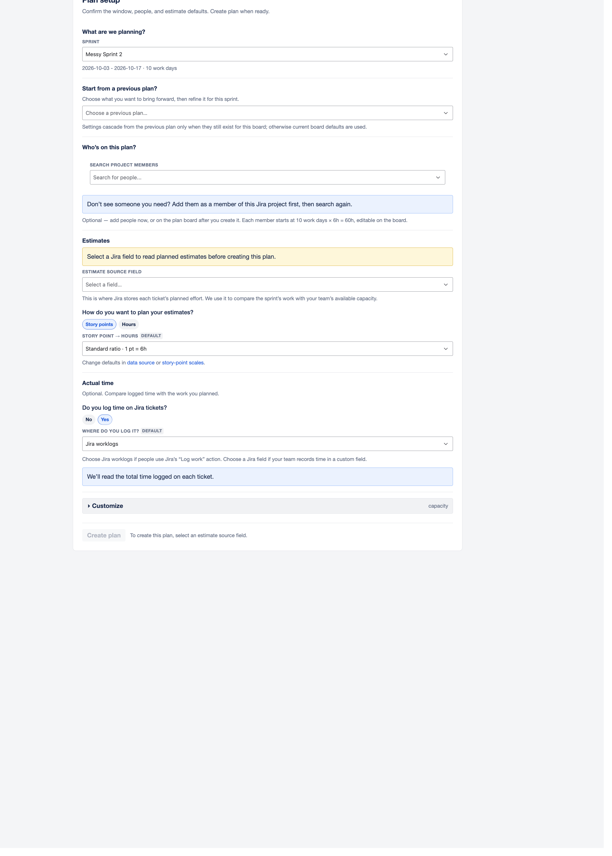 The Plan setup form